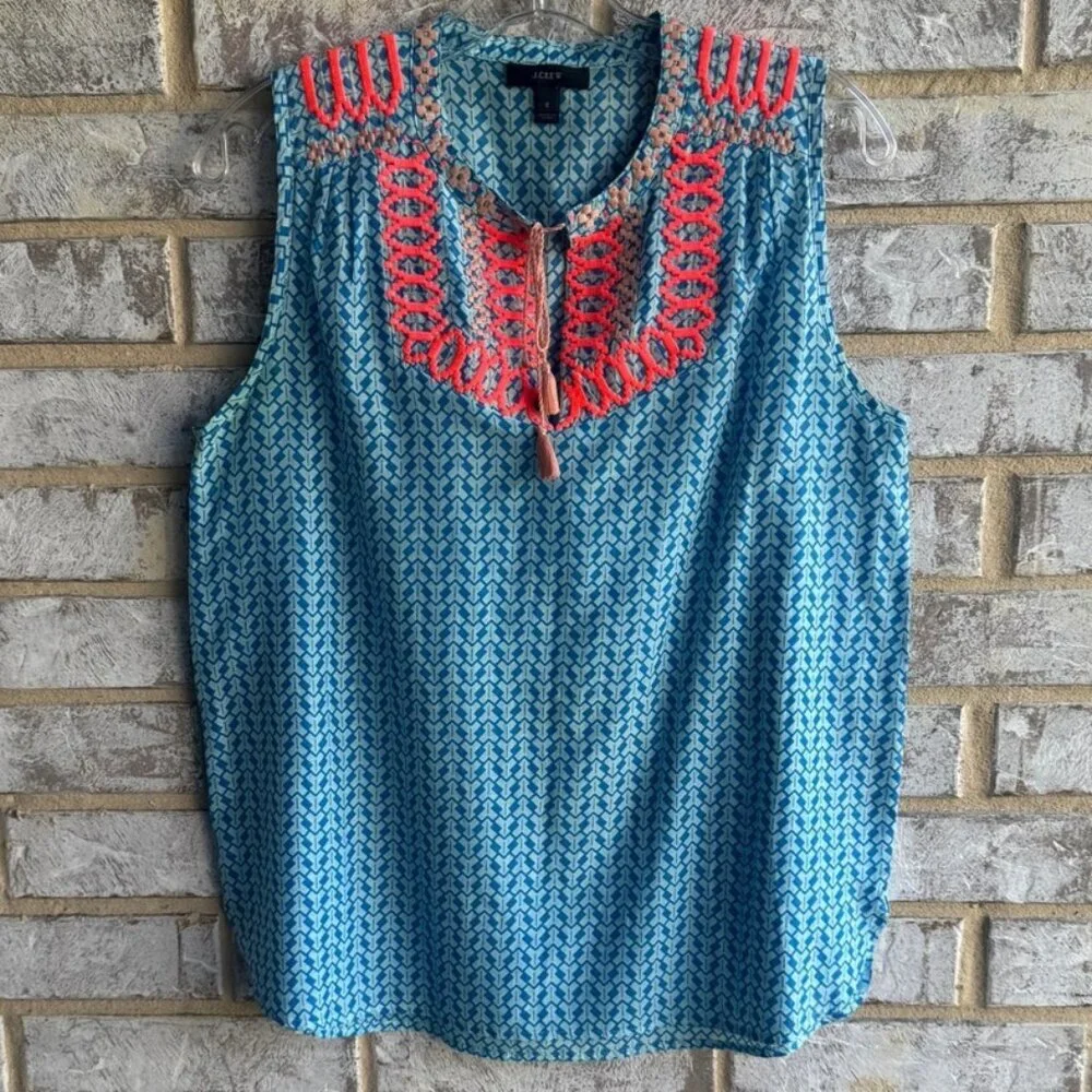 J. Crew Cotton/Silk Sleeveless Embroidered Tie Neck Blouse Women's Size 6
